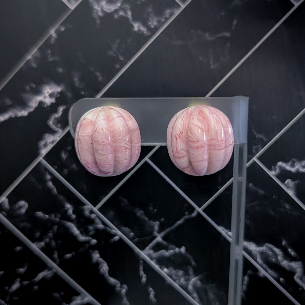 Vintage Clip On Earrings Pink Domed Ridged Large Statement Retro